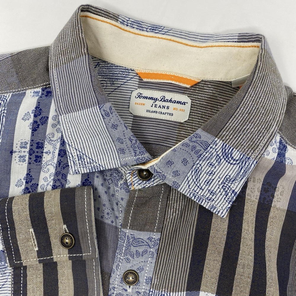 Tommy Bahama Button Down Shirt Mens L Blue Brown Patchwork Paisley Stripe Cotton